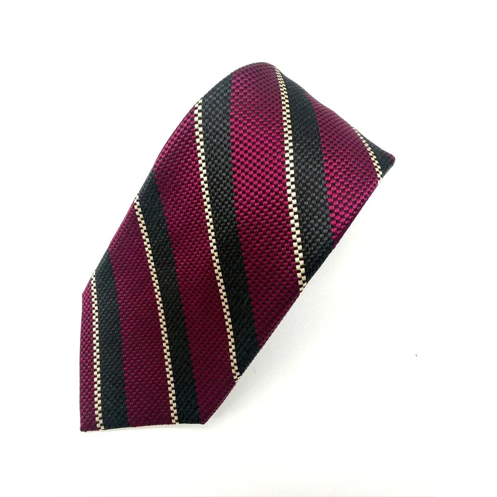 Tom James Tie Silk Burgundy Black White Striped Textured Woven Grid Necktie
